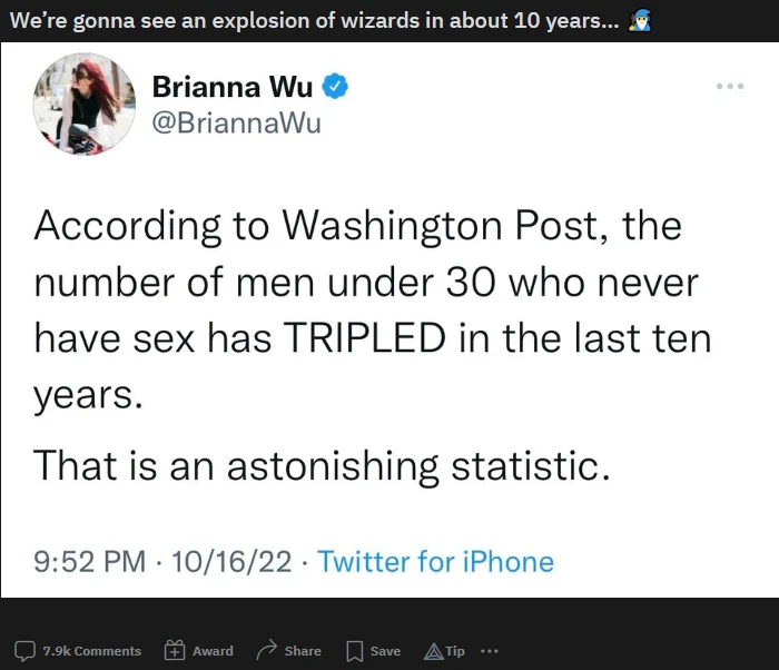 Briannu Wu virginity statistic posted on reddit: 'explosion of wizards'