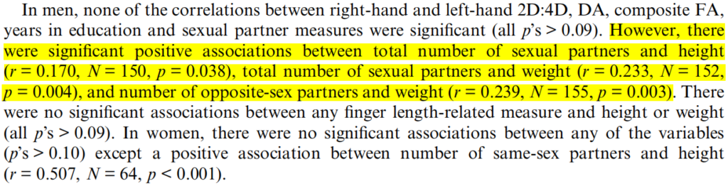 Rahman et al., 2005: Sexually dimorphic 2D:4D ratio, height, weight, and their relation to number of sexual partners